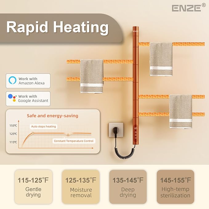 ENZE Smart Rotating Heated Towel Rack for Bathroom, Wall-Mounted Electric Towel Dryer with Swivel Bars, Smart Timer, Low Carbon Steel, IPX5, Plug-in/Hardwired, Towel Warmer with Wi-Fi App Control