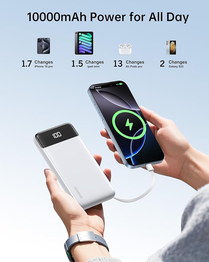 Portable Charger with Built-in Cables 10000mAh Power Bank with Cords, Slim Fast Charging Battery Pack, Travel Essential Portable Charger for iPhone 17/16/15/14/13 Series, Samsung Google Pixel iPad