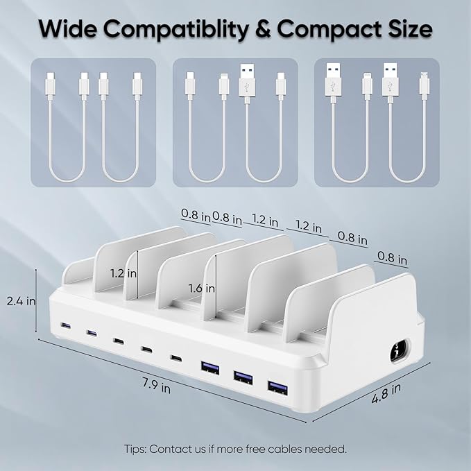 300W Charging Station for Multiple Devices, 8 Port Multi USB C Fast Charger Station Dock for MacBook iPhone 16/15/14/13/12 Samsung Pixel Series iPad, White (6 Mixed Short Cables Included)