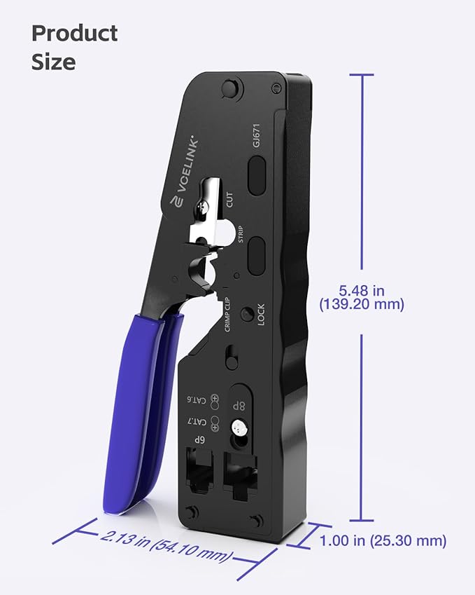 VCELINK RJ45 Crimp Tool, All-In-One Ethernet Pass Through Crimper for CAT7 CAT6A CAT6 CAT5e CAT5 Ethernet Connectors by Screw Adjustment, RJ45 and RJ11/RJ12 Crimping Tool with Mini Stripper