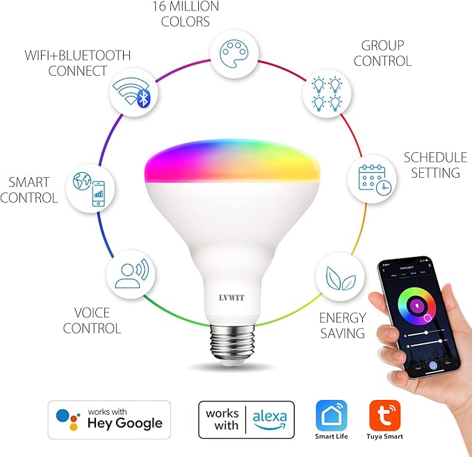 LVWIT Smart Light Bulbs Alexa, BR30 60W Equivalent, E26 Smart LED, Work with Google Assistant, Smart Life App, Tuya App, RGB Color Changing Bulb (8.5W), No Hub Required, 4-Pack