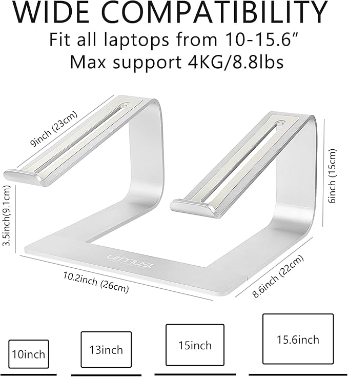 Urmust Laptop Stand for Desk - Aluminum Computer Stand Riser Holder for MacBook Air Pro, Dell, HP, Lenovo, Samsung, Alienware Laptops 11-15.6" (Silver)