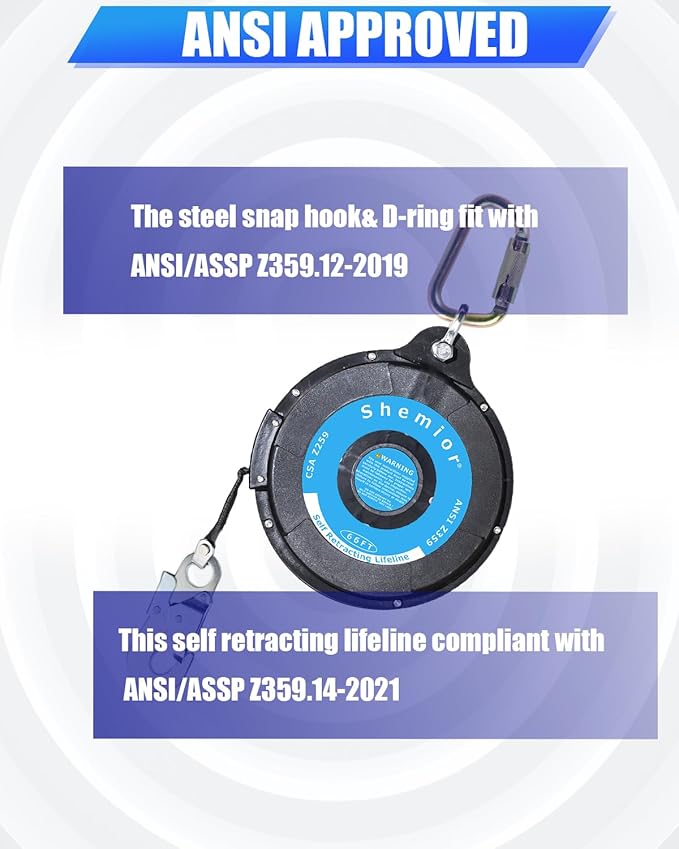 66FT Self Retracting Lifeline, No Tangle Lightweight Housing Web SRL, Self Retractable Safety Lanyard, Fall Arrest Protection PPE Gear for Roofing Construction, OSHA/ANSI Compliant