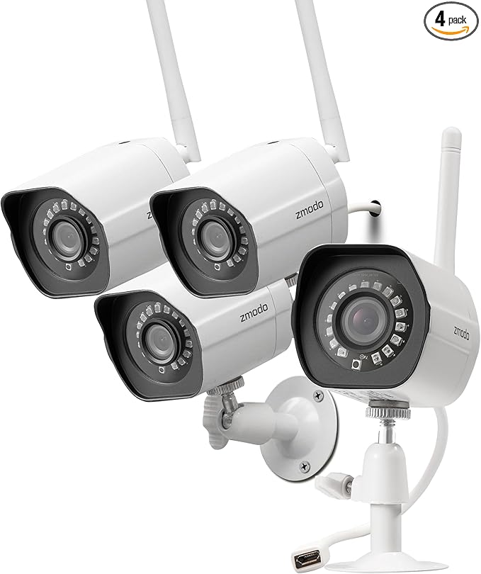 Zmodo 1080p Full HD Outdoor Wireless Security Camera System, 4 Pack Smart Home Indoor Outdoor WiFi IP Cameras with Night Vision, Plug-In, Compatible with Alexa