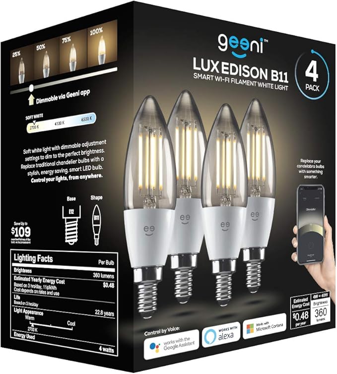 Geeni LUX Edison B11 Filament WiFi LED Smart Bulb, B11 Candelabra, 4W, E12 Base, Dimmable, White Light, Compatible with Amazon Alexa & Google Home - No Hub Required- 4 Pack