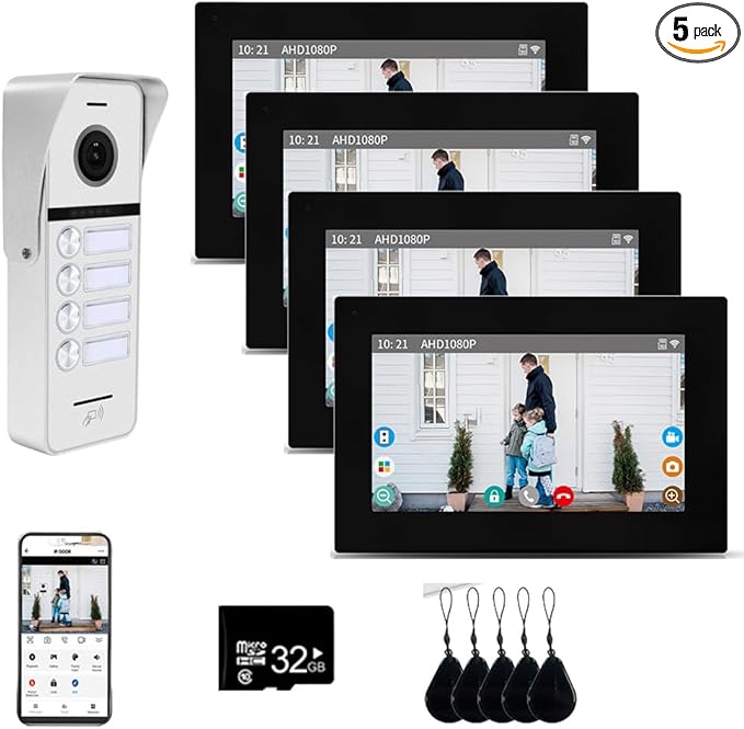 Wired Apartment Video Doorbell System 4 Units 7 Inch Touch Monitor Video Doorbell System,Wireless Video Door Phone Kit, Indoor Outdoor Support Monitoring,Unlocking,Dual Way Intercom for Home Vally