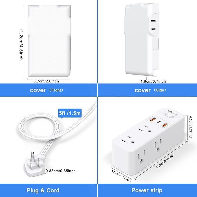 Power Strip Surge Protector with Flat Extension Cord Outlet Cover 6 AC Outlets(3 Wall Outlets Extender) 3 USB Ports (2USB C), 1050 Joules, Multi Plug for Home Office College Dorm Room Essential