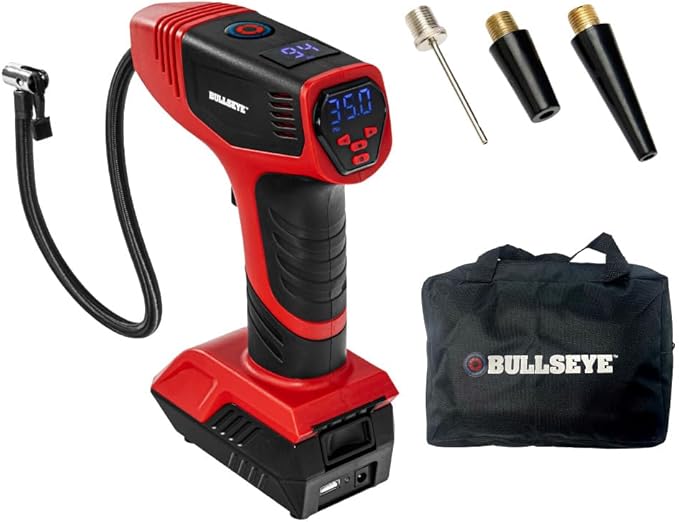 BULLSEYE PRO Tire Inflator with Pressure Gauge, Compact and Portable, Automatic Shut Off, 150 PSI Max, USB Home Rechargeable and Cord for Vehicular Use As Seen On TV (9475)