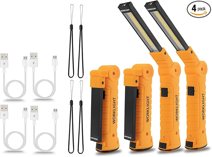 4 Pack WorkLights Tools for Mens Dad Gift,LED Rechargeable Magnetic Flashlights with Hook 360° Rotate 5 Modes Emergency Light for Mechanic, Automotive,Camping and Christmas Birthday Gift