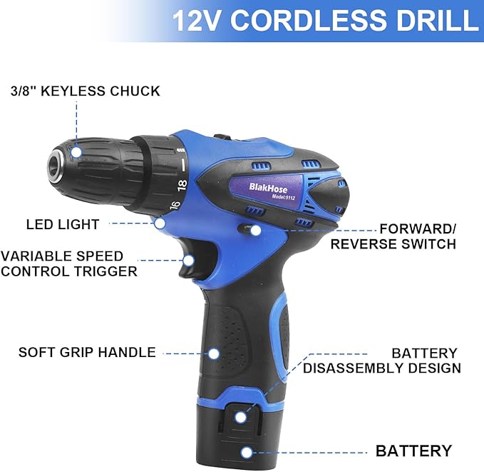 Tool Set- Tool kit with 12V Cordless Power Drill,261 Piece Tool Box with Drill,Home Tool Kits for Men Women,Hand Repair Tools Sets for Garden Office House Repair DIY