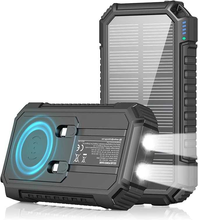 Riapow Solar Charger Power Bank 27000mAh Wireless Portable Charger, 22.5W Fast Charging Battery Bank Built in Cables, PD QC3.0 External Battery Pack with USB C for iPhone Tablet, Flashlight (Black