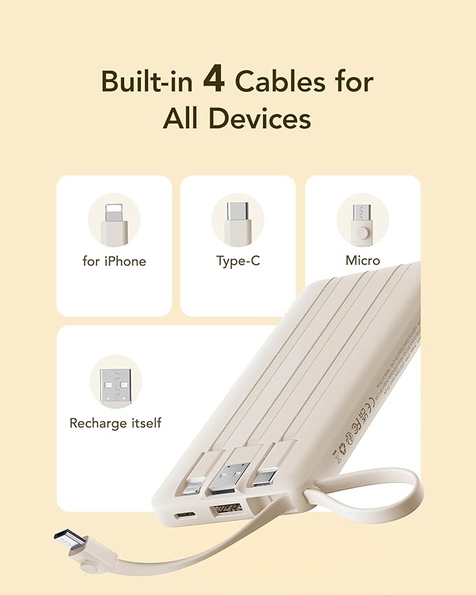 VRURC Portable Charger Power Bank,10000mAh Travel Essentials Battery Pack, 5 Outputs 2 Inputs Slim USB C Charging Bank Built-in Cables Cords Compatible with iPhone,Samsung,Android-Light Coffee(1 Pack)