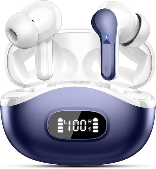 Wireless Earbuds, Bluetooth Headphones 5.4 HiFi Stereo, Ear Buds with 4 ENC Noise Cancelling Mics, 48H Bluetooth Earbuds with Dual LED Display, IP7 Waterproof in Ear Earphones for Android iOS, Blue