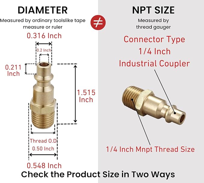 Air Hose Fittings And Air Coupler Plug, Air Compressor Quick-Connect MNPT Male Plug Kit (Industrial Type D, 1/4-Inch NPT Male Thread, Solid Brass, 2 Piece)