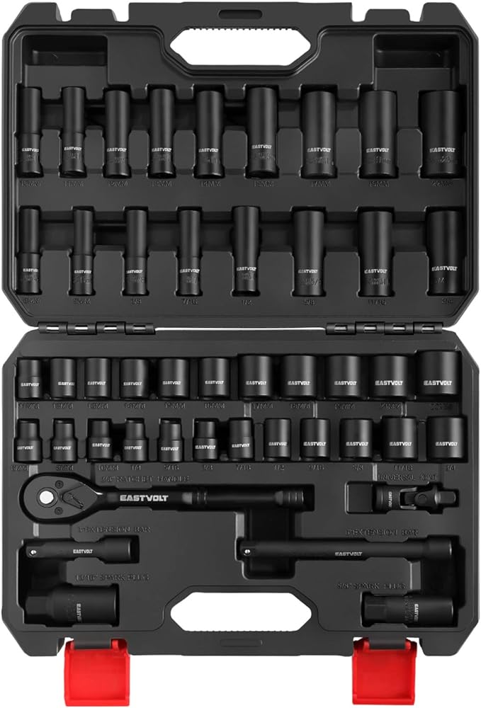 Eastvolt 46 Pieces Drive Socket Ratchet Wrench Set, Mechanic Tool Kits with 72 Teeth Reversible Ratchet, Extension Bar Set and Storage Case, Metric/SAE