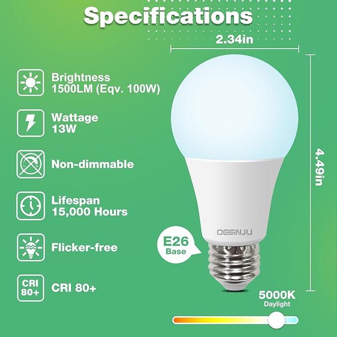 48 Pack LED Light Bulbs 100 Watt Equivalent, A19 5000K Daylight, 1500 Lumens, E26 Base, Non-Dimmable, 13 Watt Energy Efficient LED Bulbs for Home Lighting