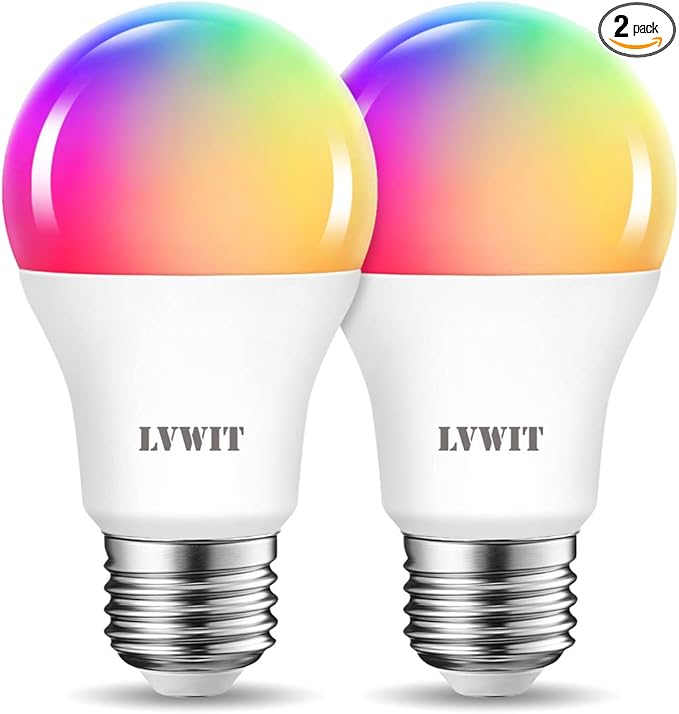 LVWIT Smart Light Bulb 2 Pack, A19 Smart LED, Work with Alexa, Smart Life App, Tuya App, 8.5W (60W Replacement), 2700K-6500K, E26 RGB Color Changing Bulb, No Hub Required
