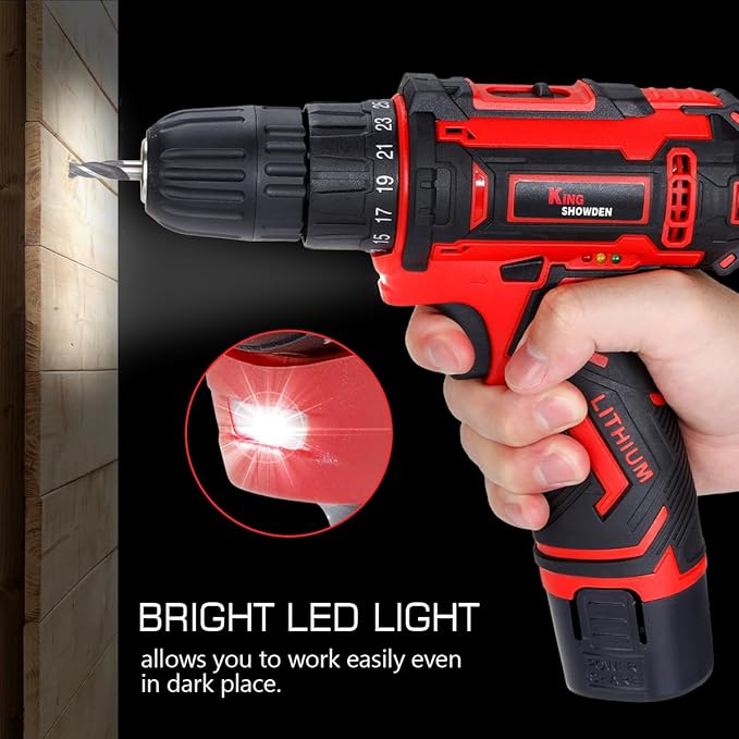 Cordless Drill Kit Power Screwdriver Set, 12.6V Electric Drill Screwdriver for Home DIY, 3/8'' Keyless Chuck, 25+1 Torque Setting, 25 Bits, Built-in LED, 2 x 1500mAh Batteries and Fast Charger,