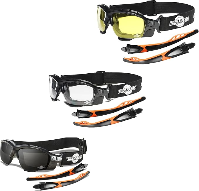 ToolFreak Spoggles Safety Glasses, Clear, Smoke and Yellow Tinted Polycarbonate Lens Mega Bundle Offer, Foam Padded, ANSI z87 Rated with Impact and UV Rating