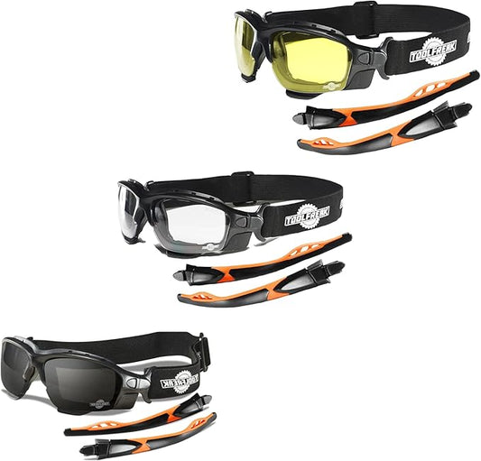 ToolFreak Spoggles Safety Glasses, Clear, Smoke and Yellow Tinted Polycarbonate Lens Mega Bundle Offer, Foam Padded, ANSI z87 Rated with Impact and UV Rating