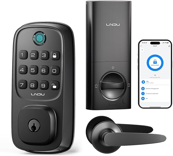 Smart Lock, LNDU Wi-Fi Keyless Entry Door Deadbolt Lock with HandleSet, Supports Fingerprint, Amazon Alexa, Google Assistant, App Control, Auto-Lock, One-Time Code, Anti-Peeking Password