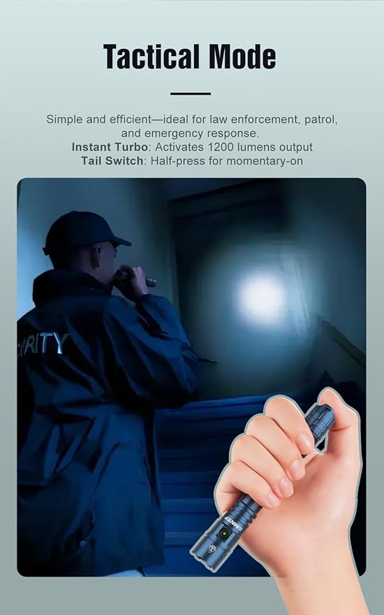 P2A Compact Dual-Mode Tactical Flashlight, 1200 Lumens Turbo Mode with 330m Beam Distance, USB-C Rechargeable 2xBattery, IP68 Waterproof, Pen-Shaped Design with Pocket Clip