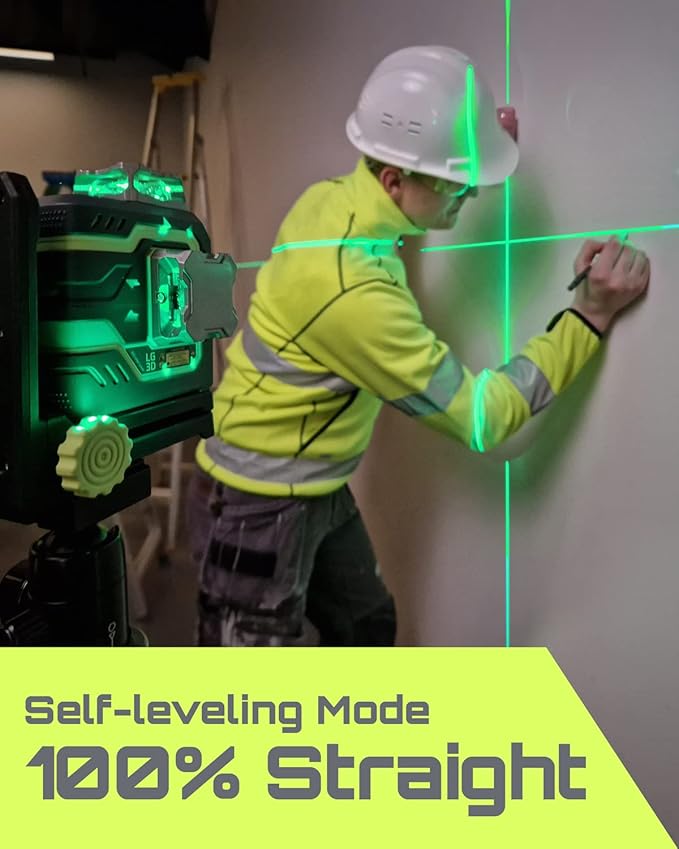 LG-3D Laser Level Self Leveling 3x360°, 3D Green Beam Cross Line Laser for Construction and Picture Hanging, 2 Rechargeable Batteries (20 Hrs), Magnetic Liftable Stand Included, Green