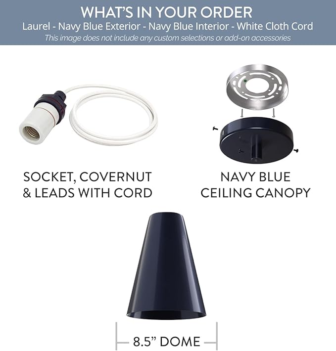 Steel Lighting Co. Laurel Pendant Light | Ceiling Mounted | 8.5 inch Cone Shade | Modern Contemporary Farmhouse Style Made in America | White Cloth Cord | Navy Blue Exterior/Navy Blue Interior