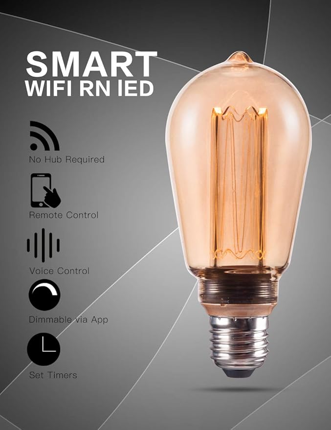 Smart WiFi Decorative LED Light Bulb, 3.8W Amber RN Vintage Edison LED Bulb, ST64/ST19, Dimmable Soft Warm 2000K, E26 Base, No Hub Required, Compatible with Alexa and Google Home Assistant