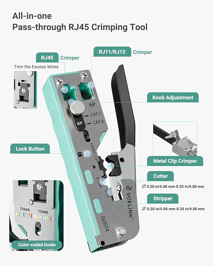 VCELINK RJ45 Crimp Tool, All-In-One Ethernet Crimper for CAT7/CAT6A/CAT6/CAT5E/CAT5, No Screwdriver Needed RJ45 and RJ11/RJ12 Crimping Tool, with An Adjustable Knob, Green