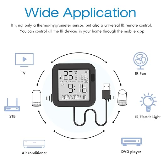 eMylo WiFi Thermometer Hygrometer, Smart IR Remote, Digital Temperature and Humidity Sensor with Backlight, Universal IR Remote Compatible with Alexa and Google Assistant