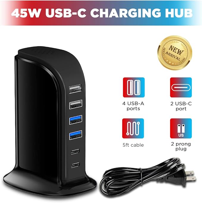USB C Charger Block Upoy, Chargers for Multiple Devices Dual Type C 45W Total, 6 Ports USB Charging Station for iPhone, Ipad, Iwatch, Desk Accessories & Workspace Organizers