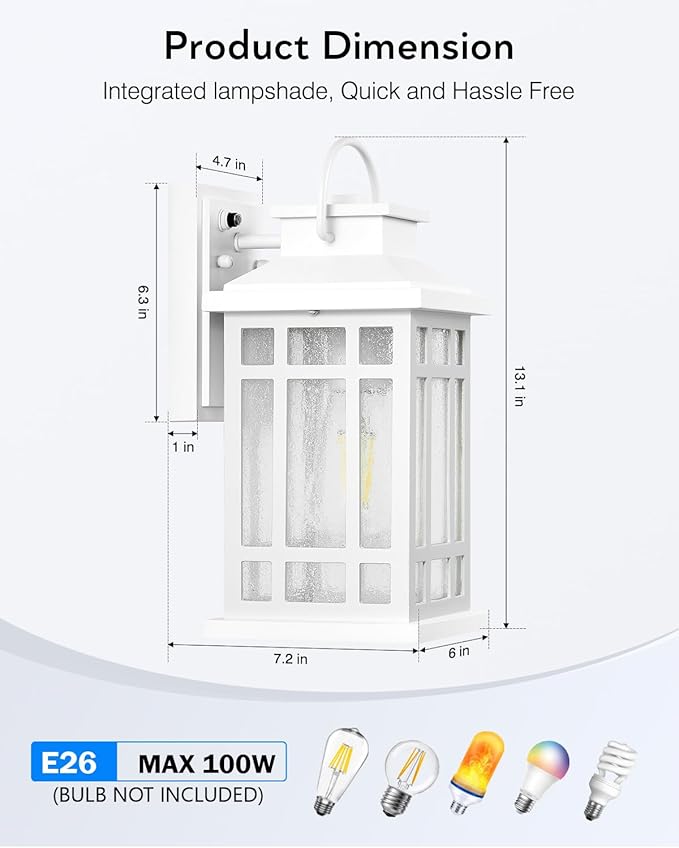 White Porch Lights Outdoor with Dusk to Dawn Sensor, Modern Outside Wall Lights with Seed Glass, Aluminum Waterproof and Anti-Rust Outside Lights for House, Garage, Garden, Entryway, Doorway