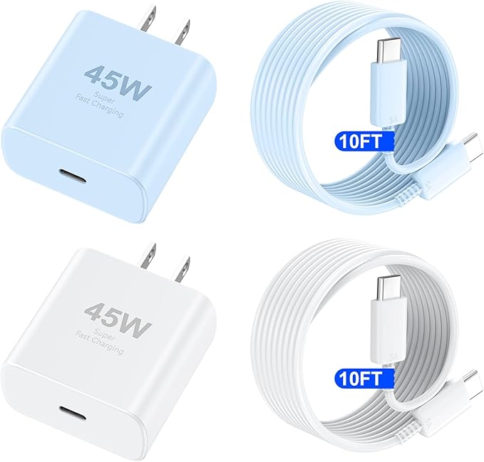 Phone 16 Pro Max Charger Fast Charging, 45W USB C Phone 16 Super Fast Charger Block with 10ft Long Type C Charging Cable Cord for Phone 16/16 Pro/16 Pro Max/16 Plus, 15/15 ProMax/Pro/Plus-White+Blue