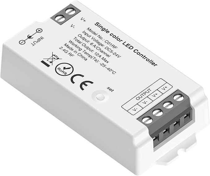 BTF-LIGHTING C01RF Tuya Controller Support PWM 5050SMD FCOB COB Single Color (+V -V) 2pin LED Strip Support with RC01RFB WR02RF Remote DC5V/DC12V/DC24V Max 12A Indoor Use Only(NO Remote NO Power)