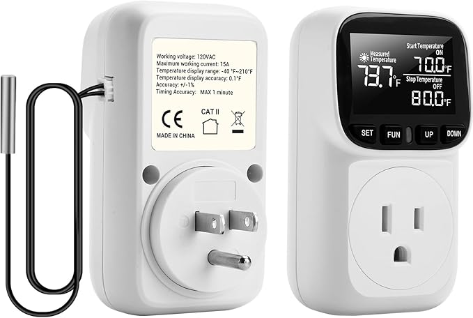 Diymore 1800W Digital Temperature Controller Plug in Thermostat Outlet Digital RV Thermostat Heating Cooling Mode Timer 15A /120V -104℉~210℉ for Greenhouse Incubator Homebrew Pool Thermometer