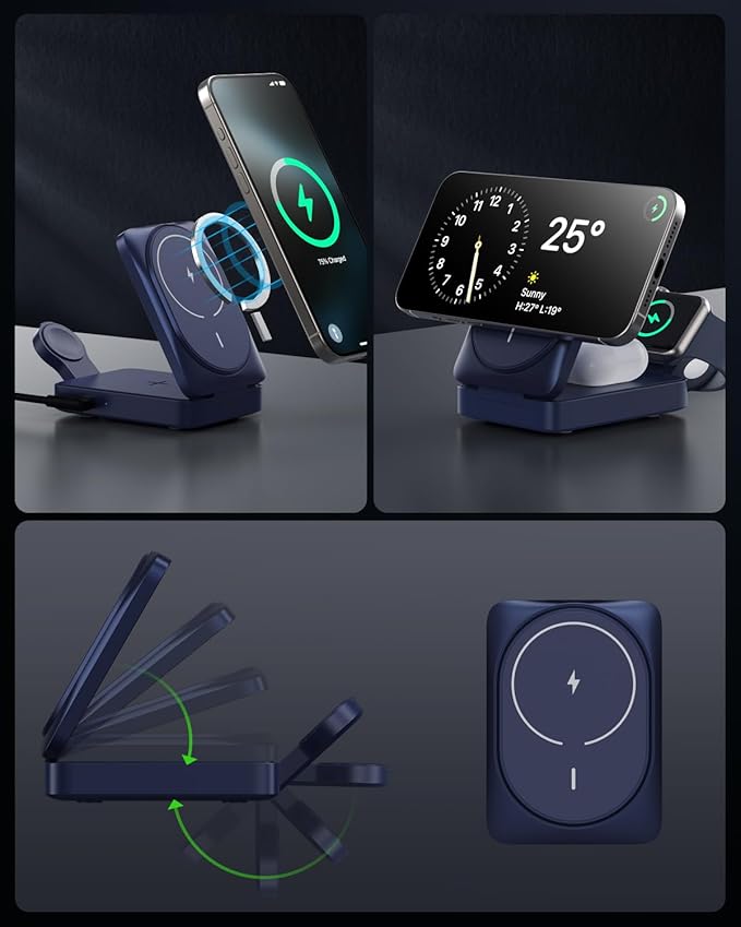 3-in-1 Wireless Charger Charging Station for iPhone, Qi2 Certified 15W Fast Charging Foldable Magnetic Charger Stand with 30W USB C Adapter for MagSafe iPhone 16/15/14/13/12, Apple Watch, AirPods