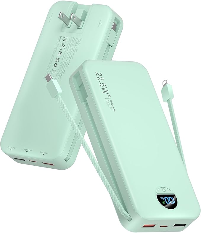 Portable Power Bank, 20000mAh 22.5W USB C Fast Charging Power Bank with Built-in Cables & Wall Plug, External Battery Pack with LED Display, Ultimate Travel Essential for iPhone, iPad, Samsung Green