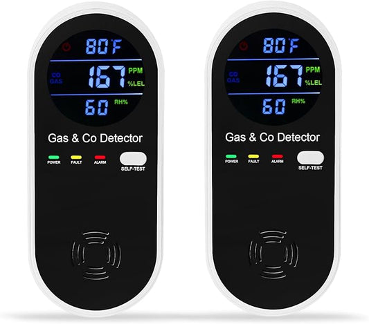 2 Packs Combination Gas & Carbon Monoxide Detector, 4-in-1 Natural Gas Detector & Carbon Monoxide Alarm with Temperature(°F) & Humidity,Propane & CO Detector for Home,RV,Apartment