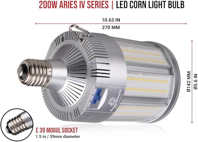 RuggedGrade Aries IV 200W LED Corn Bulb | 29,000 Lumens | 5000K Daylight | 277-480V | E39 Mogul Base | High Lumen Industrial Retrofit Lamp | DLC 5.1 Premium