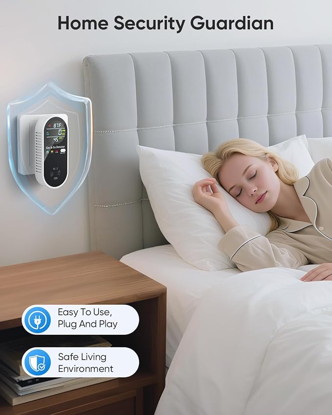 Carbon Monoxide Detectors & Natural Gas Detector, 4-in-1 Carbon Monoxide Detectors Plug in, Gas Leak Detector with Dual Alarms, Temperature & Humidity Sensor for Home, RV Essentials, Black, 2 Packs