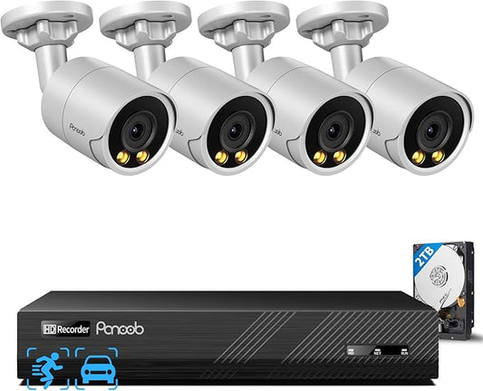 PoE Security Camera System 4K, 4X 8MP Wired Home Bullet IP Cameras Built-in microphone, Human Vehicle Detection, Smart Color Night Vision, 4K 8 Channel NVR 2TB HDD, 24/7 Recording, PB38F0408-8M