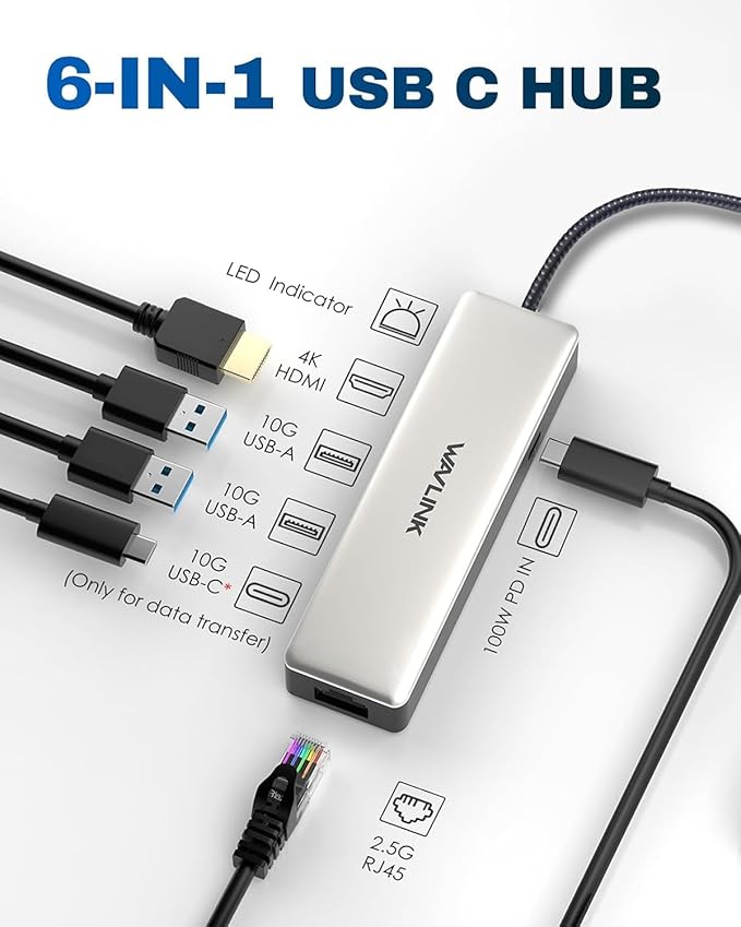 USB C Hub 2.5G Ethernet, WAVLINK 10Gbps USB C 3.2 Hub with 100W Power Delivery, 4K@120Hz HDMI 2.1, 3*USB3.2 Gen 2, 2.5G RJ45 Ports, Fit for MacBook Pro/Air iPad Dell HP Lenovo Asus Acer