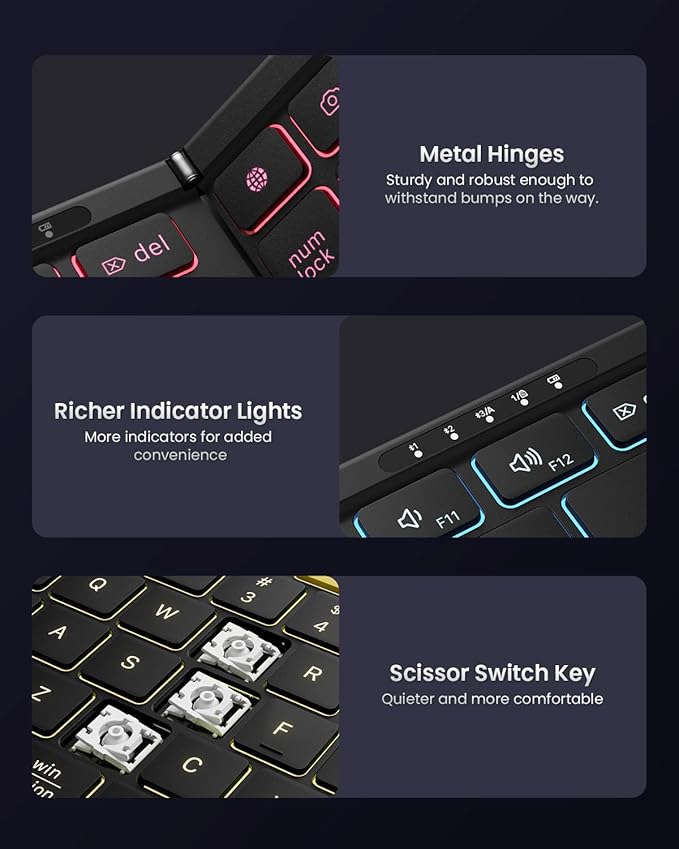 Samsers Foldable Bluetooth Keyboard with Numeric Keypad, Full-Size Wireless Folding Keyboards with Backlight, Portable Travel for iOS Android Windows Mac OS, Support 3 Device(BT5.1 x 3), Black