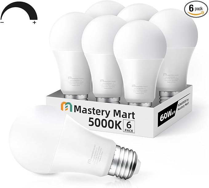 Led Light Bulbs 10 Watt [60 Watt Equivalent], A19 - E26 Dimmable, 5000K Daylight White, 800 Lumens, Medium Screw Base, Energy Star, UL Listed by Mastery Mart (Pack of 6)