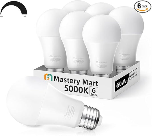 Led Light Bulbs 10 Watt [60 Watt Equivalent], A19 - E26 Dimmable, 5000K Daylight White, 800 Lumens, Medium Screw Base, Energy Star, UL Listed by Mastery Mart (Pack of 6)