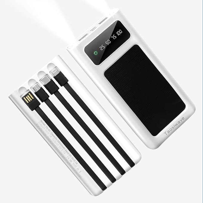 Power-Bank - 20000mAh Portable Charger,Solar Power Bank,Camping External Backup Battery Pack,Fast Solar Panel Charger with Dual Flashlight and 4 USB Cables (White)