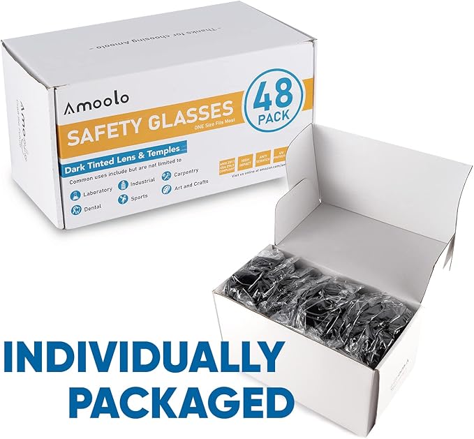 amoolo Tinted Safety Glasses Bulk of 48, Protective Safety Sunglasses, Dark Smoke Lenses for UV Protection, ANSI Z87.1 Impact Resistant Eye Protection for Work, Lab, Construction
