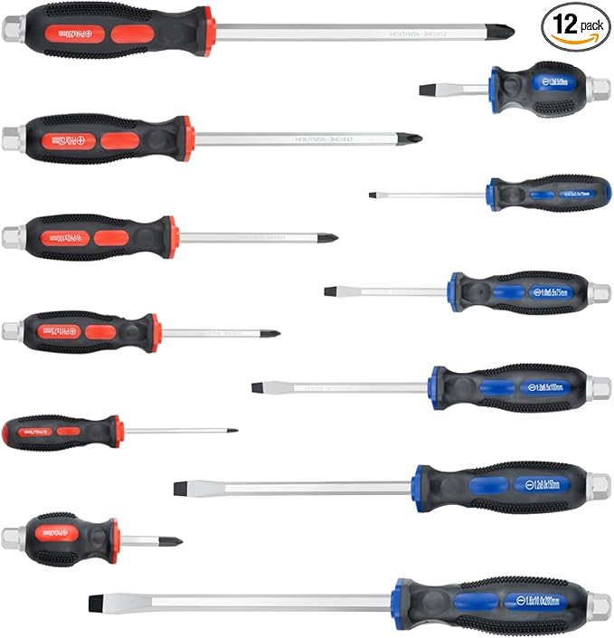 ROTATION Magnetic Screwdriver Set 12 PCS with Black tips, 6 Phillips and 6 Flat Head Screwdrivers, with Go-Thru Steel Blades, High Torque for Fastening and Loosening, pack with paper box