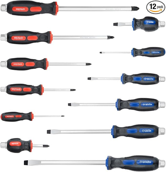 ROTATION Magnetic Screwdriver Set 12 PCS with Black tips, 6 Phillips and 6 Flat Head Screwdrivers, with Go-Thru Steel Blades, High Torque for Fastening and Loosening, pack with paper box